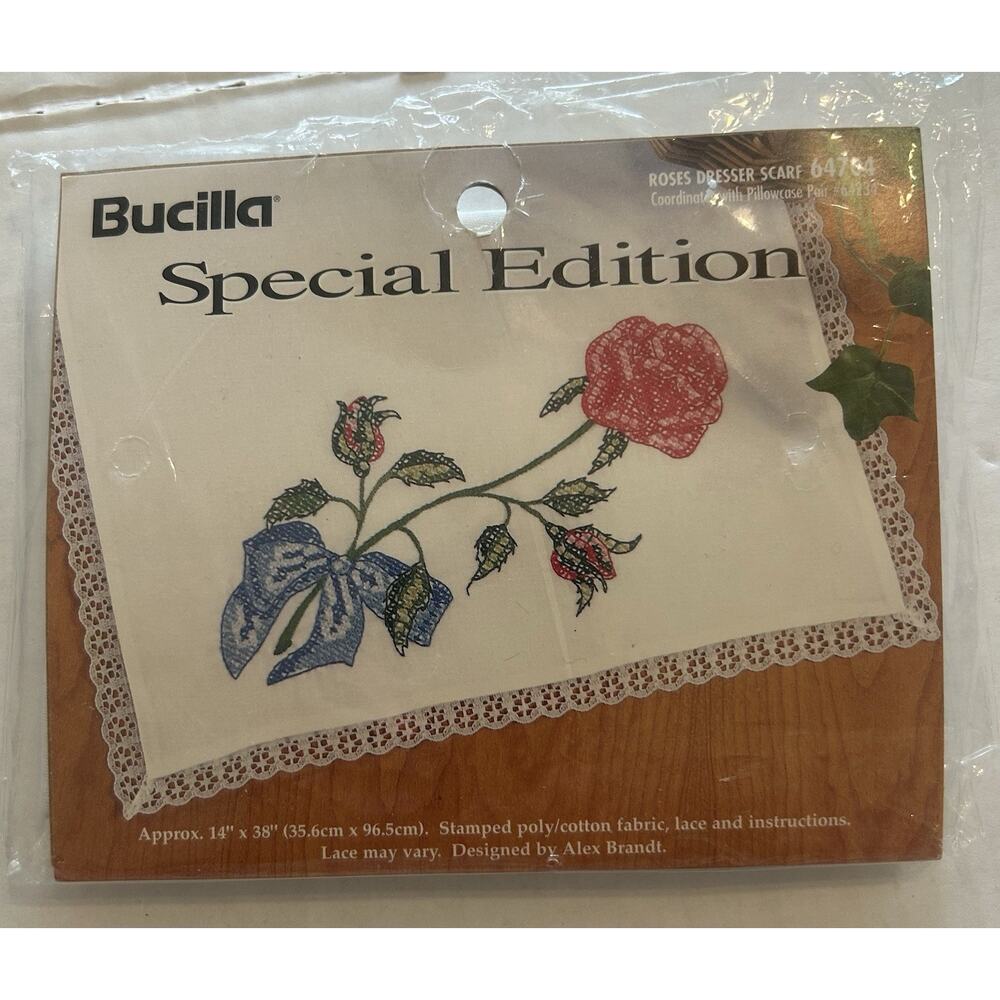 Vtg 1997 Bucilla‎ Rose Dresser Scarf 64704 Stamped Embroidery Kit 14" x 38"